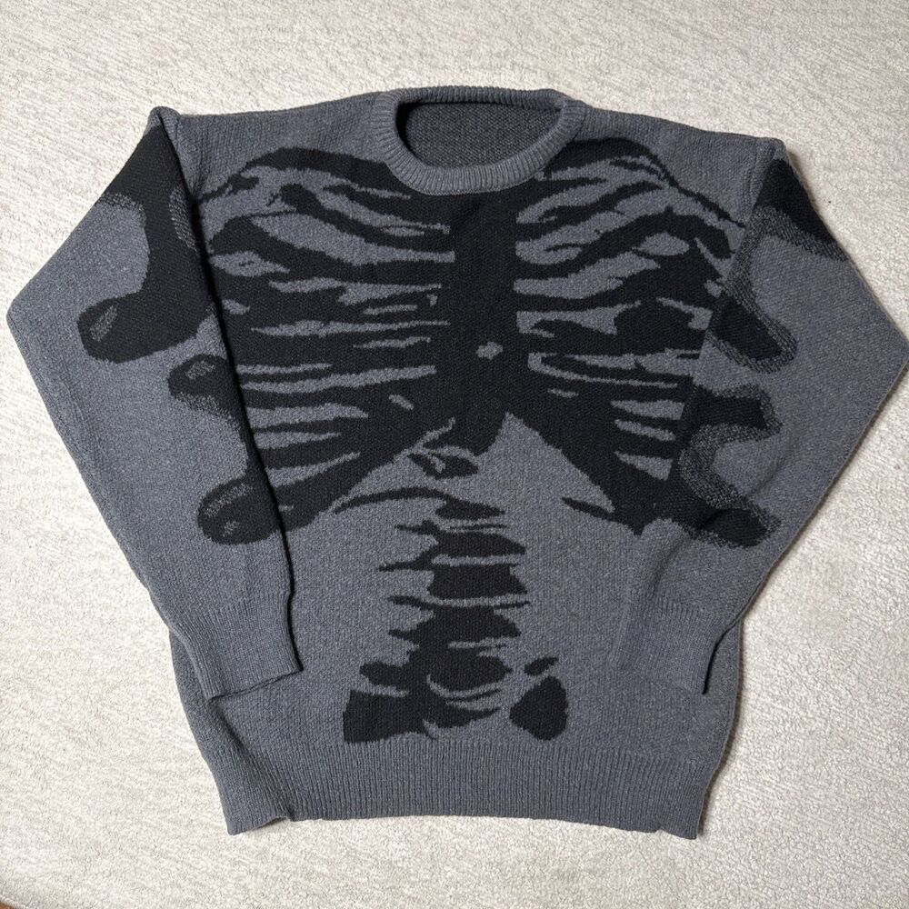 Unbranded Skeleton Sweater Men L Black Gray Rib Cage Goth Grunge Long Sleeve